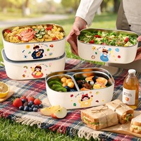 Boîte à bento portable à double compartiment en acier inoxydable 304 de qualité alimentaire, motif dessin animé mignon, pour une conservation optimale de la fraîcheur