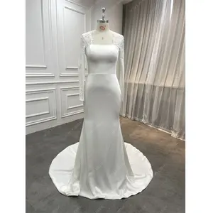 High Quality Custom Long Lace Sleeves Modern Mermaid Embroidered Crepe Wedding Dress