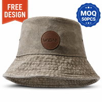 Chapeau Bob Personnalisé WEINI en Coton Pur Effet Vieilli avec Patch en Cuir Logo Vintage Lavé, Casquette de Pêcheur Marron, Chapeau de Soleil Sportif, Vente en Gros