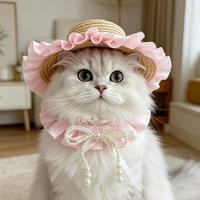 Chapeau de paille d'été de haute qualité pour animaux de compagnie avec dentelle, ensemble de bavoirs pour animaux de compagnie, accessoires de photographie pour chiens et chats