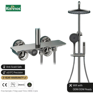 Système de douche contemporain en laiton chromé poli à LED, mitigeur thermostatique apparent à double poignée pour pluie douce, idéal appartement et hôtel - Product Image 1