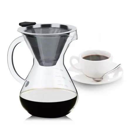 Pour Over Coffee Maker Set-4 cup Borosilicate Glass Carafe with Reusable Stainless Steel Paperless Filter/Dripper, Manual