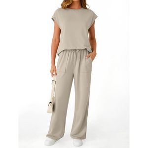 2025 femmes décontracté 2 pièces pour salon ensemble haut à manches courtes et pantalon à jambes larges taille XS pour les tenues de vacances d'été - Product Image 4