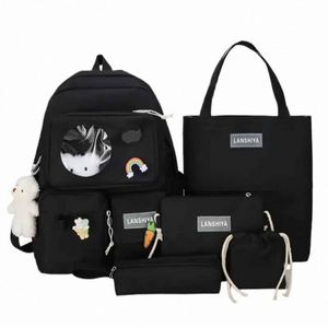 <b>Backpack</b> School 2024 <b>Canvas</b> Waterproof Solid Color Five-Piece Schoolbag Fresh Sweet Bear Large-Capacity <b>Backpack</b> - Product Image 3