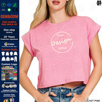 T-shirt court personnalisé pour femme, anti-humidité, séchage rapide, imprimé en relief, manches courtes pliées, en polyester et élasthanne, crop top pour femme