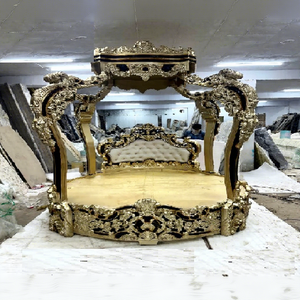Luxury High <b>End</b> Modern Traditional Carved Teak Solid Wood Canopy <b>Bed</b> Golden Heavy Carving Wooden <b>Bed</b> Latest Italian Style <b>Bed</b> - Product Image 1