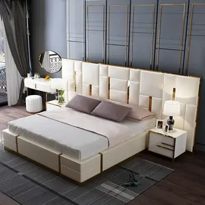 Meubles de chambre à coucher en cuir king size chambre à coucher principale luxe en cuir royal grande tête de lit chambre à vendre
