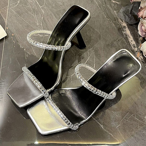 2025 Summer Roman Platform Style High-Heeled for Slippers New Fashionable Exposed Toes Sexy Nude Crystal Square Mesh - Product Image 4