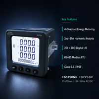 Medidor de Energía Trifásico EastSong ES72Y/K2-E4/E3, Análisis de Armónicos del 2º al 31º, RS485 Modbus, 2DI+2DO, Clase 0.5, IP65, 72x72mm