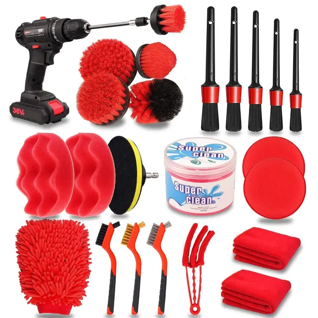 24 Pcs Car Detailing Brush Set Drill Soft Brushes Wash Kit With Cleaning Gel For Interior Exterior Wheels Dashboard