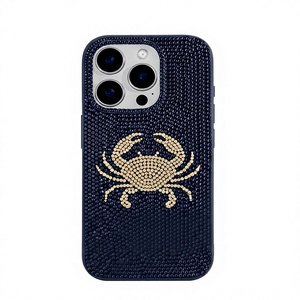 Handmade Custom Gift <b>Navy</b> Blue Phone Case with Glass Bead Embroidery Rectangular Shape Flower Theme Textile Craft <b>Accessory</b> - Product Image 1