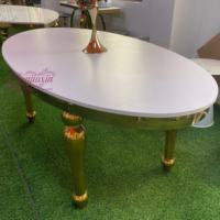 Table de salle à manger ovale moderne de luxe en verre, personnalisable, avec piètement en acier inoxydable doré brillant, idéale pour les mariages et événements – Vente en gros directe usine