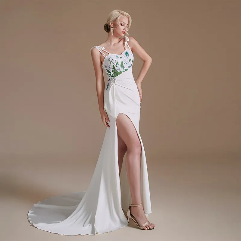 Hot Sale Modern Breathable Sexy Sleeveless Sling Strap Off Shoulder Backless Design High Slit Beaded Wedding Dress For Women