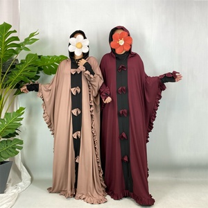 New Event Double Hoods Long <b>Kaftan</b> Abaya 2 Colors Patchwork with Edged Ruffles and Bows for Muslim Women 6884# - Product Image 3