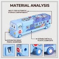 Boîte à crayons multifonctionnelle pour enfants, imprimée par sublimation métallique, en forme de bus scolaire, à trois étages, pour garçons