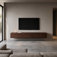 Console TV murale flottante minimaliste en placage de noyer foncé avec tiroirs à tirage en J et support dissimulé OEM