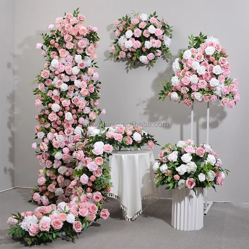 S02513 klakson lengkungan pernikahan, klakson bunga pernikahan warna merah muda dan dekorasi meja