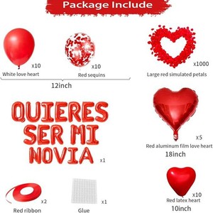Kit de ballons pour proposition de mariage en espagnol « Quieres Ser Mi Novia », ballons en forme de cœur rouge avec confettis de pétales de rose, ensemble de ballons pour décoration de fête de fiançailles - Product Image 2