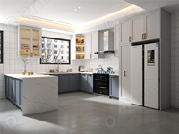 Lemari Dapur PRIMA Modern Elegan Bergaya Mewah dengan Finishing UV Mengkilap, Gagang Logam Emas, dan Lampu LED Terintegrasi