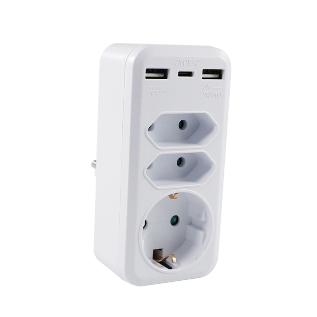 Germany Standard USB a C Power Adapter Multi-Conversion EU Socket 3 Way with 3 Outlets 16A Rated Brass Plug with Socket