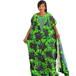 Robe décontractée d'été pour femme en polyester antistatique, coupe ample, grande taille, épaules dénudées, ornée de strass et de pompons, imprimé floral, style <span class=keywords><strong>Kanga</strong></span> - Product Image 1