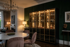 Mobile Bar in Vetro Fumé Nero Opaco con Illuminazione LED Integrata, Credenza di Lusso per Sala da Pranzo, Vendita all'Ingrosso - Product Image 4