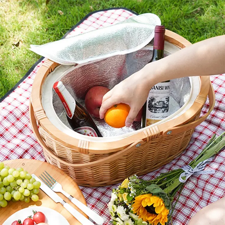 Cestini di Rattan di stoccaggio di Picnic del salice del mestiere di vimini naturale rettangolare fatto a mano all'ingrosso con lo scrittorio di legno più fresco