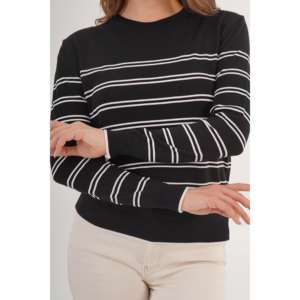 เสื้อสเวตเตอร์ไหมพรมคอกลมลายทางสำหรับผู้หญิง สีดำ แขนยาว สวมใส่สบาย ไม่เป็นขุย 14 กรัม - Product Image 2