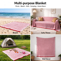 Couverture de pique-nique tissée rouge et blanche à motifs géométriques avec pompons, couverture décorative bohème pour la plage, le camping en plein air et la décoration de canapé