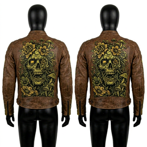 Custom Mens Mushroom Skull Racing Leather Jacket Vintage Brown Streetwear Motorbike Biker Coat Retro Graphic Print Outerwear - Product Image 1