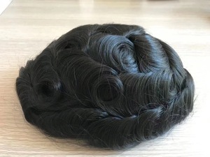 Prótesis Capilares Indias Remy Baratas, Onduladas Negras Naturales, con Base Fina de Mono + PU y Cierre de Encaje, Textura de 24mm, Toupee de Cabello <span class=keywords><strong>Permanente</strong></span> - Product Image 3