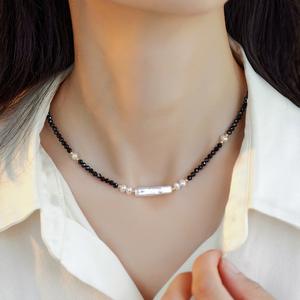 Exquisito Collar de Piedras de Cristal Negras Puntiagudas, Diseño Moderno, Collar de Perlas Naturales de Agua Dulce para Chicas Modernas - Product Image 2