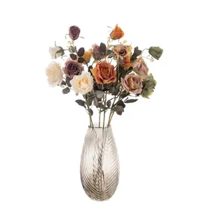 DY1-3320A rosa artificiale arrostita a secco con fiore a tre teste fiori Vintage rosa gotica per vaso da sposa decorazione regalo fai da te