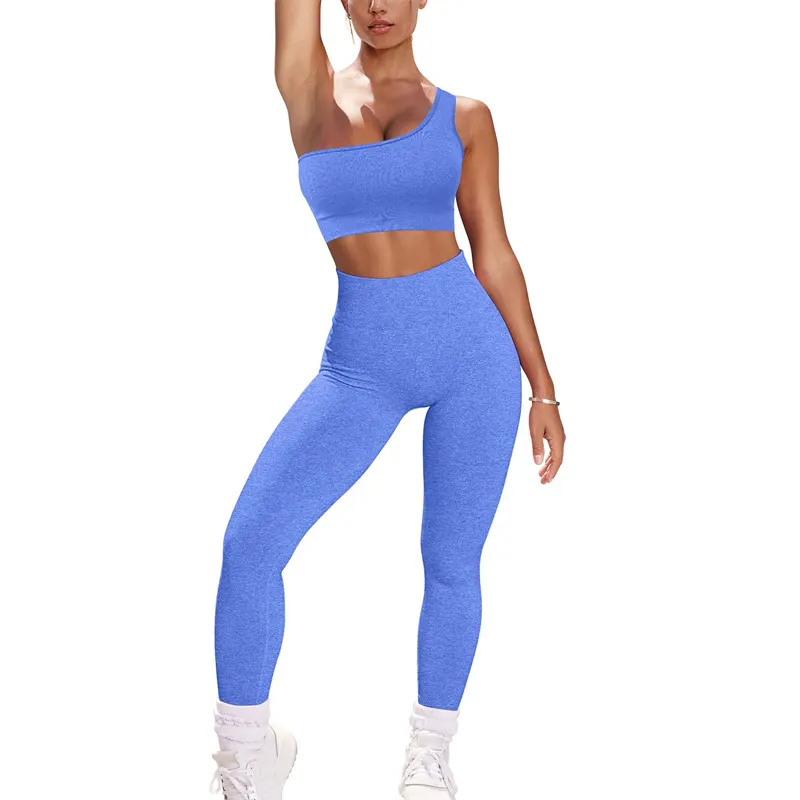 Wholesale Yoga Clothes Cotton For Women 2 Piece Seamless High Waist Running Leggings Yoga Gym 1 Shoulder Sports Bra Outfits