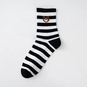 Support Sample Spring Cotton Sweat-Absorbent Cute Stripes Bears Crew Socks For Women