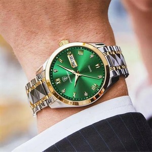 Reloj de pulsera de cuarzo de lujo con esfera verde de acero inoxidable para hombre, resistente al agua, luminoso, con fecha de semana, con aleación de Ronda - Product Image 4