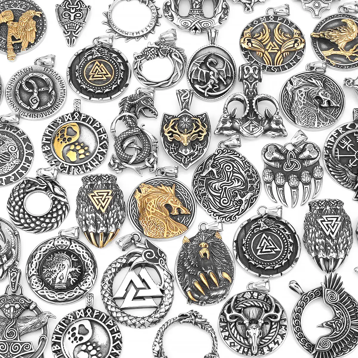 Stainless Steel Men's Necklace Dragon Necklace Amulet Celtic 3 Sheep Bear Snake Totem Viking Pendant Wholesale