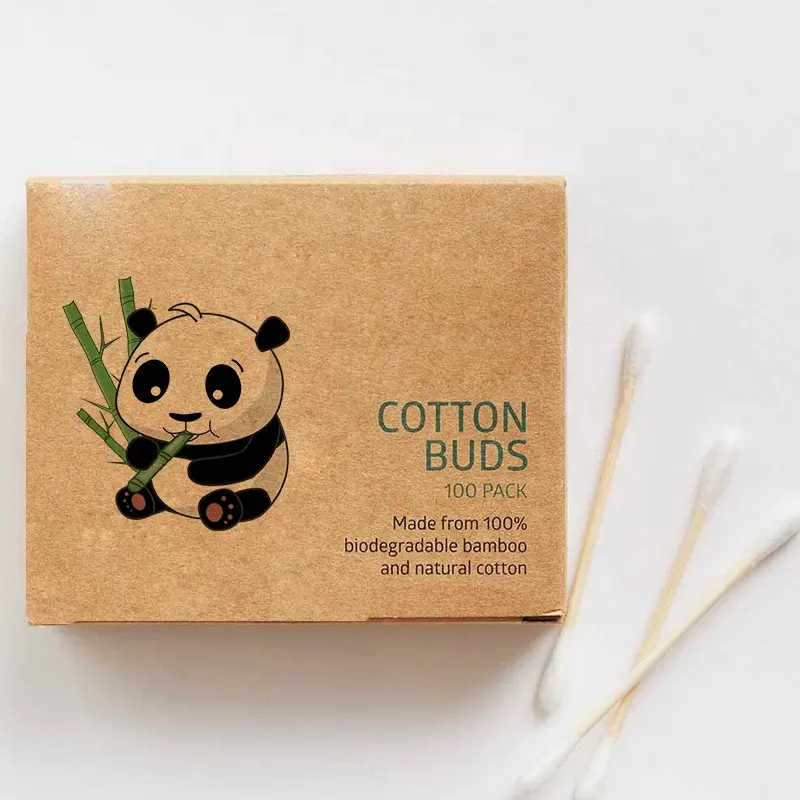Q-tips q-caja de papel kraft biodegradable de plástico, palo de bambú, bastoncillos de algodón para las orejas