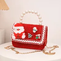 Sacs à bandoulière carrés à carreaux mignons pour filles, sacs à main avec poignée en perles Père Noël, porte-monnaie pour bébés et enfants, cadeau de Noël