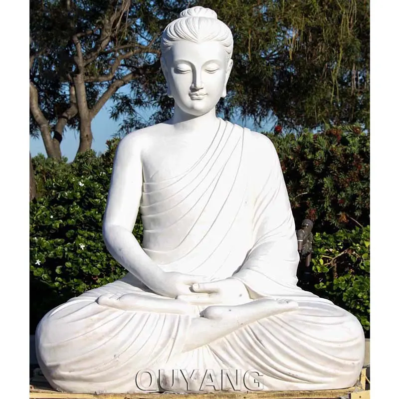 Quyang pedra branca religiosa moderna grande, sentado no jardim estáticas de buda, escultura de mármore ao ar livre para venda