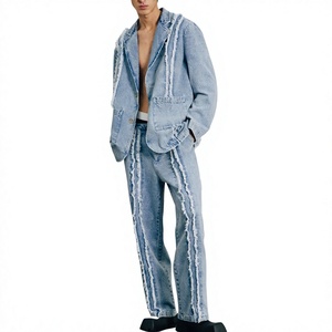 Men Denim Tracksuit Full Sleeve Button Up Jacket And <b>Pants</b> Streetwear Set Loose Fit Washed Cotton Spring Wear - Product Image 1