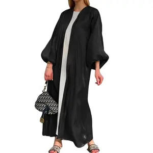 Precio al por mayor nueva tela de satén manga de burbuja frente abierto vestido largo túnica Oriente Medio Dubai cárdigan túnica mujer musulmana abaya