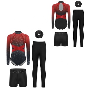 Girls Gymnastics Leotard Set Rhinestone High Collar Gradient Sleeve Back Cutout with Shorts Leggings Scrunchie Dance Wear Custom - Product Image 2