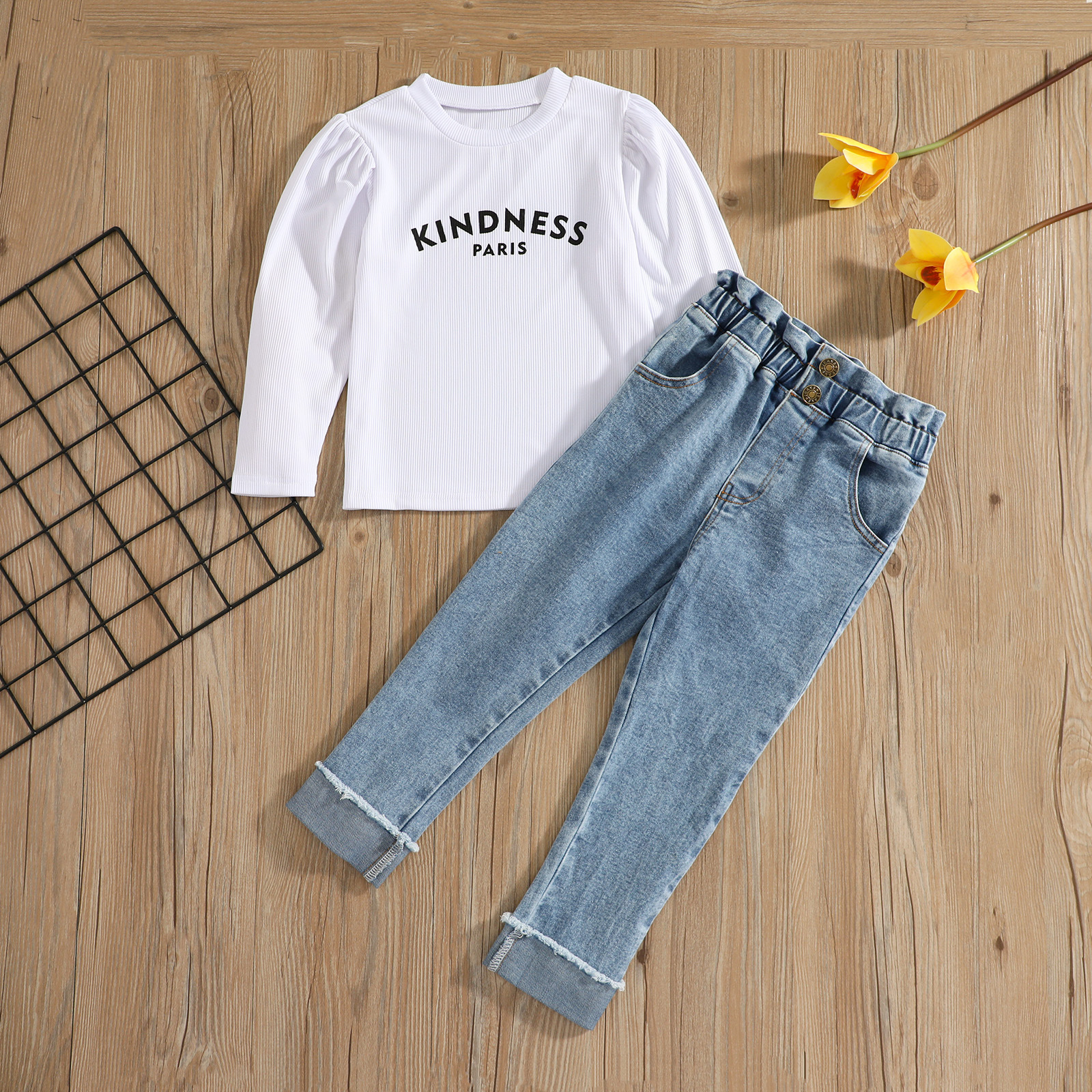 2022 New Spring Kid Girl Clothing Set Fashion Toddler Girl Letter Print White Shirt +Jeans 2 pcs Casual Outfit Set 2-6 Years