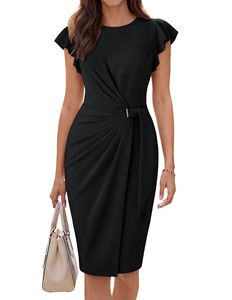 Women's Midi <b>Dress</b> <b>with</b> Belt Detail Round Neckline and Ruffle <b>Sleeve</b> Solid Color Wear Spring/<b>Summer</b> Casual Fitted Women's <b>Dress</b> - Product Image 4