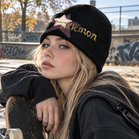 Bonnet tricoté Y2K vintage avec écusson étoile, unisexe, streetwear, côtelé, hiver, imprimé lettres graffiti, bonnet à revers