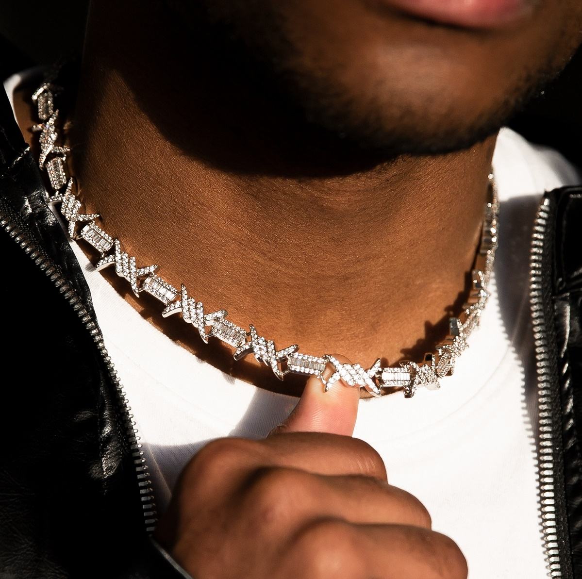 Iced Out Bling Rectangle Cubic Zirconia CZ Barbed Wire Hip Hop Men