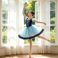 Tenue de danse pour filles, tutu de ballet en velours bleu foncé pour enfants, manches courtes bouffantes blanches, nœud en dentelle croisé, jupe en tulle rayée