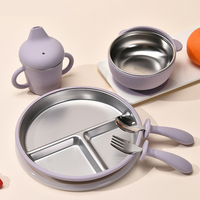 Yiyabb Ensemble de vaisselle pour bébé en acier inoxydable de qualité alimentaire de 8 pouces, sans BPA, avec assiette, bol, cuillère et fourchette, ventouse en silicone confortable pour enfants