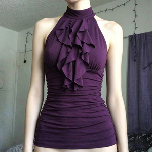 Elegante Top sin Mangas de Punto Transpirable con Cuello Alto, Fruncido y Flecos, Color Liso, Estilo Camisola para Mujer - Product Image 4